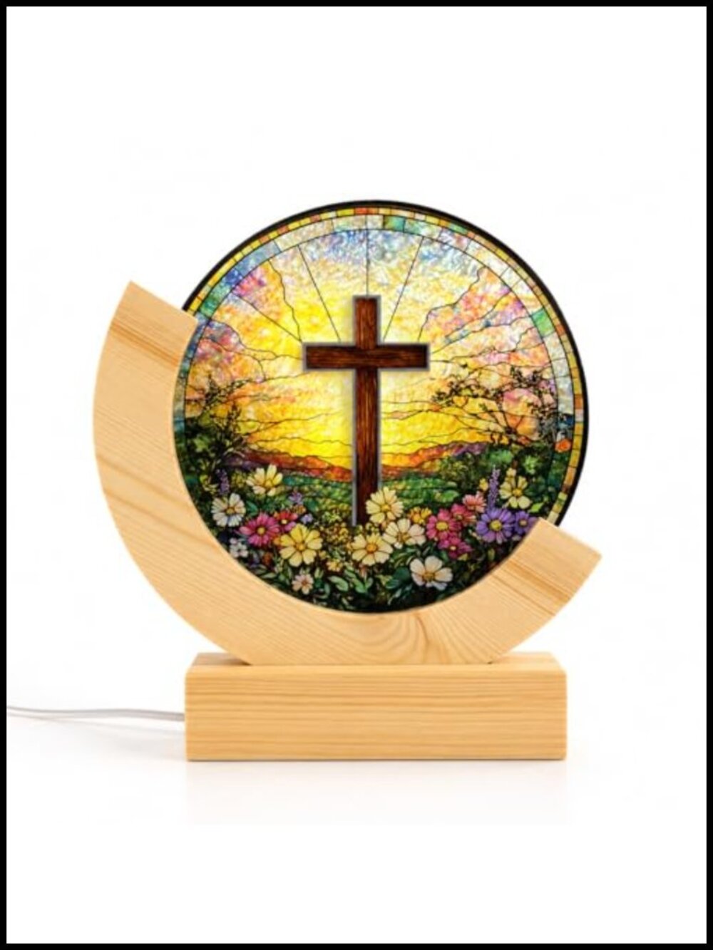 Stained Glass Cross LED Night Light USB Wooden Base Religious Decor